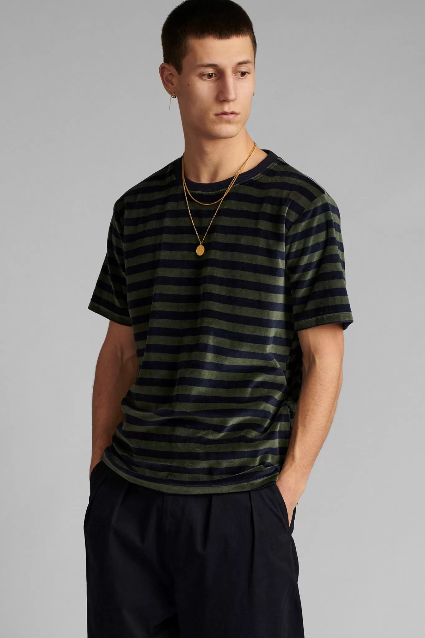 Anerkjendt Tees<Akrod Y/D Stripe Velvet T Shirt - Sky Captain